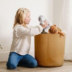 PUTSKA Blanket Basket – Round Storage for Toys and Blankets, Clothes, Stuffed Animals – Soft Baby Girl Basket for Nursery, Kids Room, Bedroom, Living Room – Large, Grey