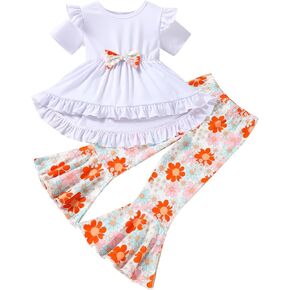 Toddler Baby Girl Bell Bottoms Outfits Ruffle Short Sleeve Shirt Tops and Floral Flared Pant Set