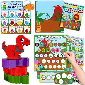قعادة الوقت مغامرات وملصقات مخطط سلوك Mini Mini Mini - Dinosaurs - تشمل مجموعات جوائز لعبة خشبية ، ملصقات المكافآت ، شارات وتاج الأطفال - تدريب القعادة والأسنان بالفرشاة