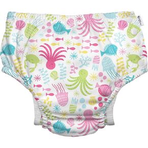 i play. by green sprouts Reusable, Eco Snap Swim Diaper with Gussets, UPF 50, Patented Design, STANDARD 100 by OEKO-TEX Certified - White Sea Pals, 12 mo