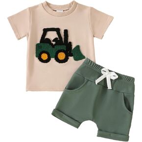 Toddler Baby Boy Summer Clothes Embroidered Farm Tractor Shirt and Short Set 2-Piece Outfits for Boys