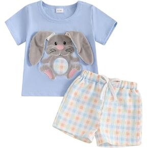Toddler Baby Boy Girl Easter Outfit Cute Short Sleeve Bunny Top Plaid Shorts 2 Pieces Summer Clothes Set