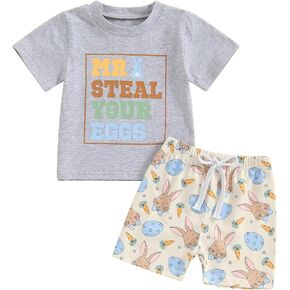 Hnyenmcko Toddler Baby Boy Easter Outfits Bunny Letter Print Short Sleeve T-Shirt and Casual Shorts Sets 2Pcs Summer Clothes