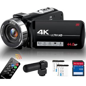 4K فيديو كاميرا كاميرا كاميرا كاميرا ULTRA 44MP VLOGGATING CAMERGTING لـ YouTube 18x Digital Zoom Camcorder 3.0 "شاشة IPS IR مع الميكروفون الخارجي ووحدة تحكم وبطاريتين وبطاريات 32G SD