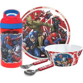Zak Designs 5-Piece Dinnerware Set, Marvel Universe - Durable Plastic & Stainless Steel - Includes Water Bottle, 8-Inch Plate, 6-Inch Bowl, Fork & Spoon - Suitable for Kids Ages 3+