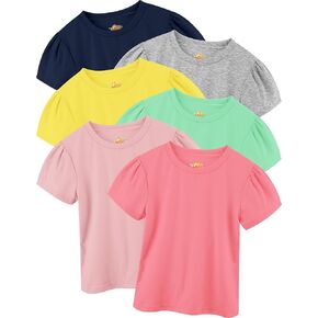 Girls Shirts 6 Pack, Puff Sleeve T Shirt for Toddler Girls, Cotton Short-Sleeve T-Shirt with Round Neck Multicolor, 2T