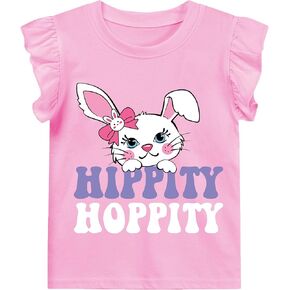 Kids Easter Shirt Girls Hip Hop Bunny Tees Toddler Ruffle Sleeve Cute Rabbit Pink Easter T-Shirt Clothes 2-7 Years