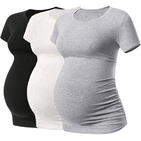 SOLY HUX Women's Maternity Basic T-Shirts 3 Packs Short Sleeve Crewneck Ruched Tee Shirt Tops