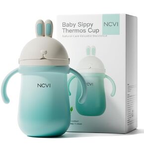 NCVI Weighted Straw Sippy Cup, Spill-Proof Stainless Steel, 10oz Thermal Cup for Toddlers with Removable Handle & Extra Straw, Ideal for 2+ Years, Green Bunny Design