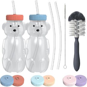 Honey Bear Straw Cup for Babies, 2-Pack Honey Bear Bottle with Travel Lid, Therapy Learning Honeybear Straw Cup, Baby Bottle Set, 8 oz, Blueberry Pie & Firetruck