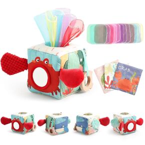 Baby Tissue Box Toy, Montessori Baby Toys for 6-12 Months with Wooden Teething Ring, Crinkle Paper, Silk Scarves, Baby Safety Mirror, Perfect Early Learning Baby Gift