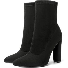 risdoada Women's Sock Boots Chunky Heel Ankle Booties Elastic Suede Pointed Toe Fall Winter High Heeled Mid Calf Boots