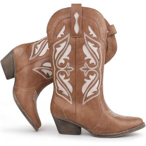 Hawkwell Women's Embroidered Stitched Mid Calf Cowboy Boots Pointed Toe Chunky Block Heel Classic Pull On Cowgirl Western Booties