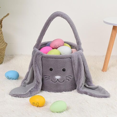 Plush Easter Bunny Basket Bags for Kids, Rabbit Bucket Tote with Long Fluffy Ears, Cute Egg Hunts Party Storage Candy Gifts Carry Bucket Decorations (White + Pink) in Saudi Arabia