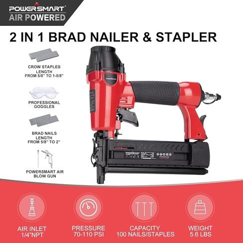 PowerSmart Pneumatic Brad Nailer ، 18 GA 2 في 1 مسدس الأظافر و Crown Stapler مع 300 مساءً الأظافر/ 200pcs Staples ، لمشاريع DIY النجارة الخشبية in Kuwait