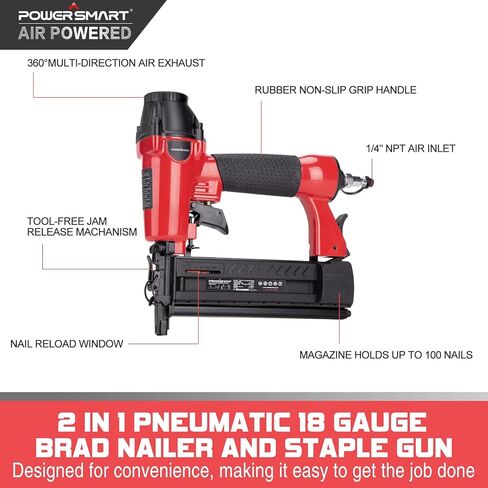 PowerSmart Pneumatic Brad Nailer ، 18 GA 2 في 1 مسدس الأظافر و Crown Stapler مع 300 مساءً الأظافر/ 200pcs Staples ، لمشاريع DIY النجارة الخشبية in Kuwait