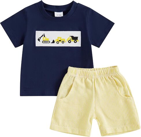 Toddler Baby Boy Summer Outfits Excavator Embroidery Short Sleeve T-Shirt Top Seersucker Stripe Shorts Set in Kuwait