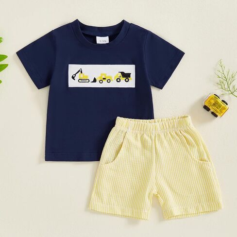 Toddler Baby Boy Summer Outfits Excavator Embroidery Short Sleeve T-Shirt Top Seersucker Stripe Shorts Set in Kuwait