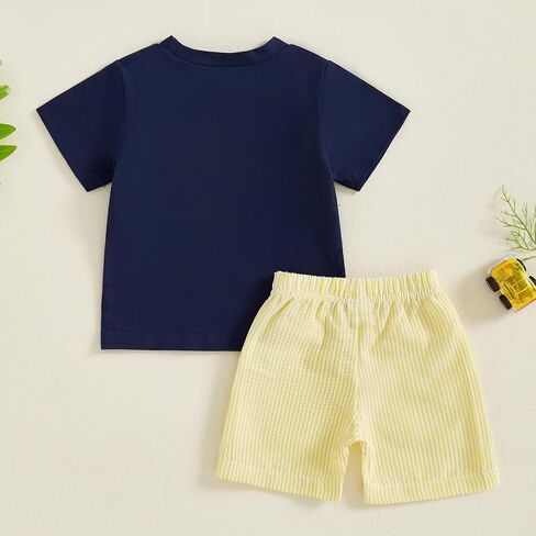 Toddler Baby Boy Summer Outfits Excavator Embroidery Short Sleeve T-Shirt Top Seersucker Stripe Shorts Set in Kuwait