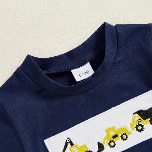 Toddler Baby Boy Summer Outfits Excavator Embroidery Short Sleeve T-Shirt Top Seersucker Stripe Shorts Set in Kuwait