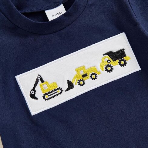 Toddler Baby Boy Summer Outfits Excavator Embroidery Short Sleeve T-Shirt Top Seersucker Stripe Shorts Set in Kuwait