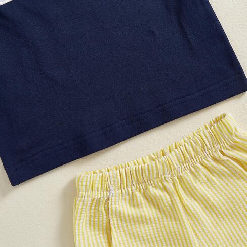 Toddler Baby Boy Summer Outfits Excavator Embroidery Short Sleeve T-Shirt Top Seersucker Stripe Shorts Set in Kuwait