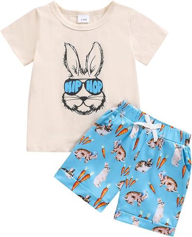 Noubeau Baby Boys Easter Teaster Cute Bunny Graphic Print T-Shirt Shirt Sleeve Tops Rabbit Shorts Summer Silver in Kuwait