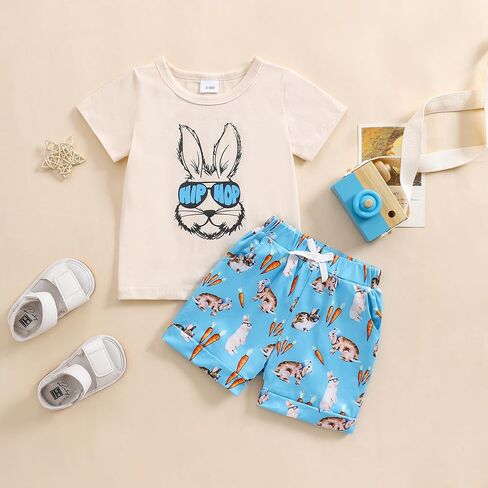 Noubeau Baby Boys Easter Teaster Cute Bunny Graphic Print T-Shirt Shirt Sleeve Tops Rabbit Shorts Summer Silver in Kuwait