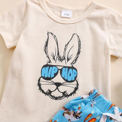 Noubeau Baby Boys Easter Teaster Cute Bunny Graphic Print T-Shirt Shirt Sleeve Tops Rabbit Shorts Summer Silver in Kuwait