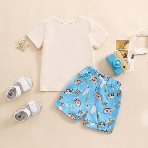 Noubeau Baby Boys Easter Teaster Cute Bunny Graphic Print T-Shirt Shirt Sleeve Tops Rabbit Shorts Summer Silver in Kuwait