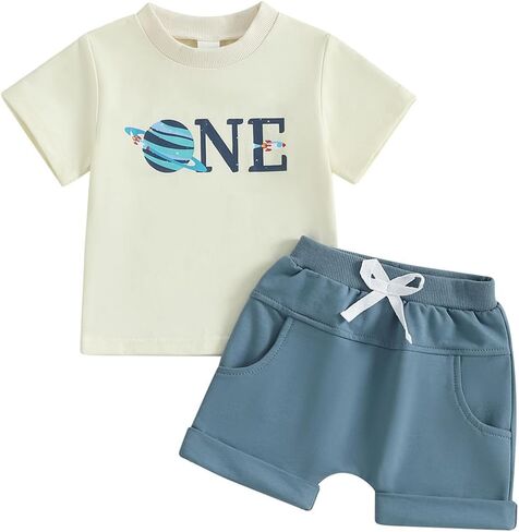 Pudcoco Toddler Baby Boys First Birthday Outfit 1st Birthday Clothes Space One T-shirt and Shorts Set in Saudi Arabia