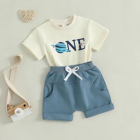Pudcoco Toddler Baby Boys First Birthday Outfit 1st Birthday Clothes Space One T-shirt and Shorts Set in Saudi Arabia