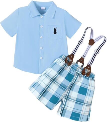 Toddler boy Easter Outfit, Embroidered Rabbit Pattern Boy Short Sleeve Shirt Blue Plaid Shorts Adjustable Straps in Saudi Arabia