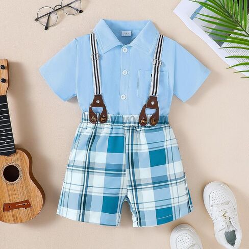 Toddler boy Easter Outfit, Embroidered Rabbit Pattern Boy Short Sleeve Shirt Blue Plaid Shorts Adjustable Straps in Saudi Arabia