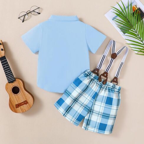 Toddler boy Easter Outfit, Embroidered Rabbit Pattern Boy Short Sleeve Shirt Blue Plaid Shorts Adjustable Straps in Saudi Arabia
