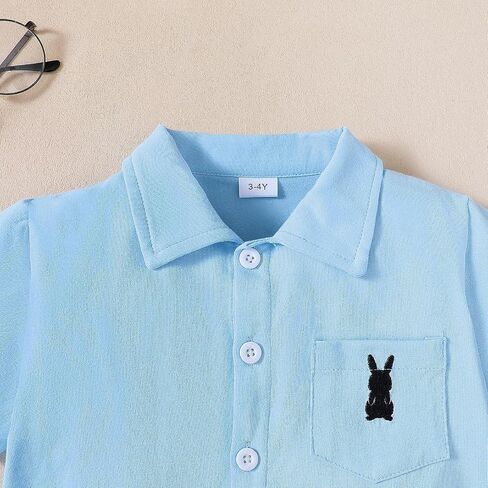 Toddler boy Easter Outfit, Embroidered Rabbit Pattern Boy Short Sleeve Shirt Blue Plaid Shorts Adjustable Straps in Saudi Arabia