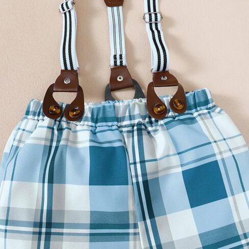 Toddler boy Easter Outfit, Embroidered Rabbit Pattern Boy Short Sleeve Shirt Blue Plaid Shorts Adjustable Straps in Saudi Arabia