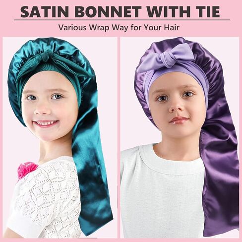Long Kids Bonnets for Girls,Double Layer Satin Bonnet for Sleeping Kid,Bonnet for Girl Braids Long Hair Purple in Saudi Arabia