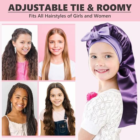 Long Kids Bonnets for Girls,Double Layer Satin Bonnet for Sleeping Kid,Bonnet for Girl Braids Long Hair Purple in Saudi Arabia