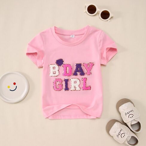 قميص عيد ميلاد فتاة طفل 2nd 3rd 4th 5th B-Day T Shirt ملابس عيد ميلاد Chenille Patch Short Sleeve Tee Tee in Kuwait