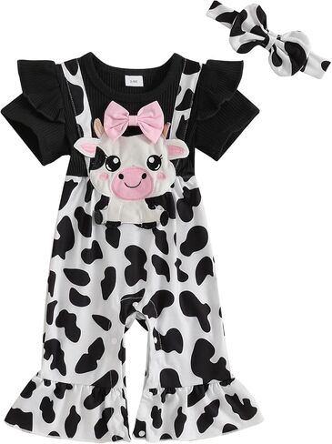 Baby Girl Summer Outfit Cartoon Animals Cow Short Sleeve One-Piece Romper Jumpsuit Headband Set Newborn Clothes in Kuwait