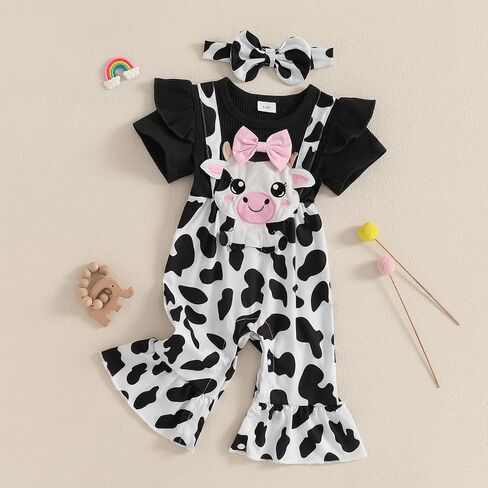 Baby Girl Summer Outfit Cartoon Animals Cow Short Sleeve One-Piece Romper Jumpsuit Headband Set Newborn Clothes in Kuwait