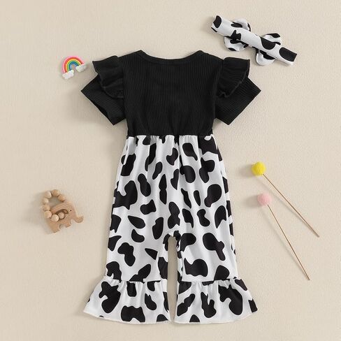 Baby Girl Summer Outfit Cartoon Animals Cow Short Sleeve One-Piece Romper Jumpsuit Headband Set Newborn Clothes in Kuwait