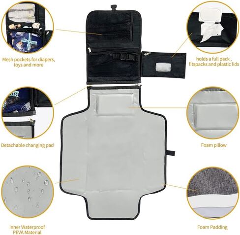 Portable Diaper Changing Pad for Baby, Travel Changing Pad with Baby Wipes Pocket, Gift for babyshower, Newborn Boys & Girls (Grey) in Kuwait