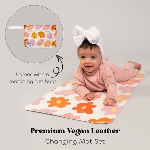 Vegan Leather Changing Mat with Reusable Waterproof Wet Bag - Non-Toxic, Portable Diaper Pad That Folds and Wipes Clean (16 x 30 Inches) (Floral) in Kuwait
