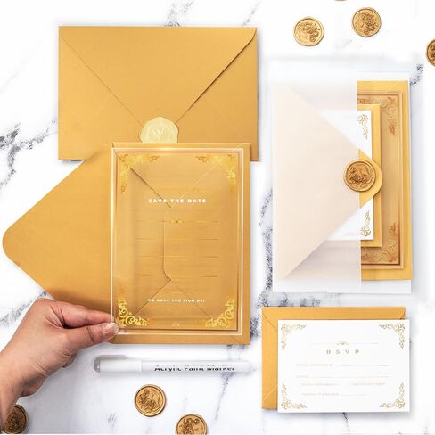 20 Sets Acrylic Wedding Invitations with Envelopes and RSVP Cards - Clear Acrylic Invitation Cards, Handmade Wax Seal Stickers, RSVP Cards & Vellum Wraps for Elegant Wedding Invites in Saudi Arabia