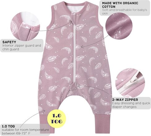 Owlivia 1.0 Tog 100% Organic Cotton Baby Sleeping Bag with Feet Toddler sleep sack with Legs Sleeveless Wearable Blanket(1.0tog Mauve Feather,2 Years-80) in Saudi Arabia