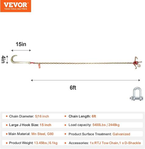 سلسلة لجام VEVOR G80 V، لجام سلسلة سحب 5/16 بوصة × 3 بوصات مع خطافات R، وخطافات T، وخطافات J وخطافات انتزاع، لجام سلسلة سحب النقل مع حمل عمل آمن 10800 رطل لاستعادة هادم الشاحنة المسطحة in Saudi Arabia