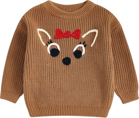 Aopwsrlyi Toddler Baby Girl Boy Christmas Outfit Long Sleeve Reindeer Elk Embroidery Knit Sweater Fall Winter Xmas Clothes in Saudi Arabia