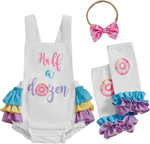Baby Girl Half Birthday Outfit Half Way to One Donut Ruffle Romper Headband Leg Warmers 6 Month Birthday Set in Saudi Arabia